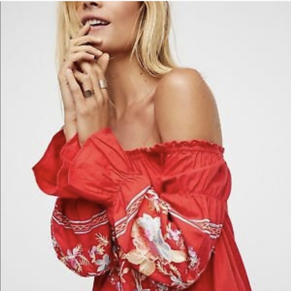 Free People red floral embroidery long sleeve short dress Sz S off shoulder